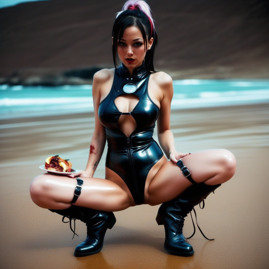 midriff, leather, blurry, planet, black footwear, one-piece swimsuit, shiny skin, fingernails, cleavage, sex, beach, food, boots, blood, multicolored clothes, white socks, cowgirl position, pasties, ponytail
