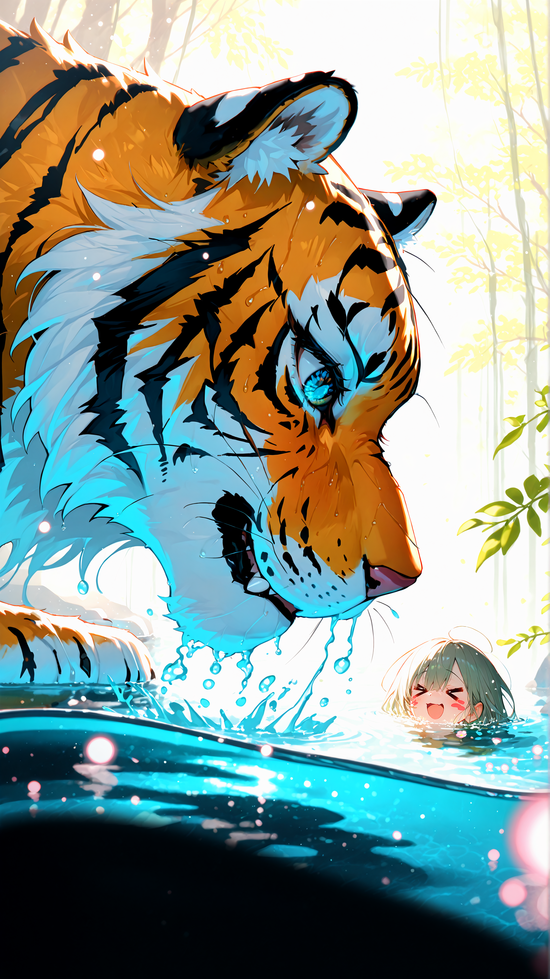 masterpiece, newest,absurdres,incredibly absurdres, best quality, amazing quality, very aesthetic, abstract,
1 oversized tiger, 2girls, xd, spring, light particles, partially submerged, blurry foreground,
 <lora:KonYa666:1> kony4666