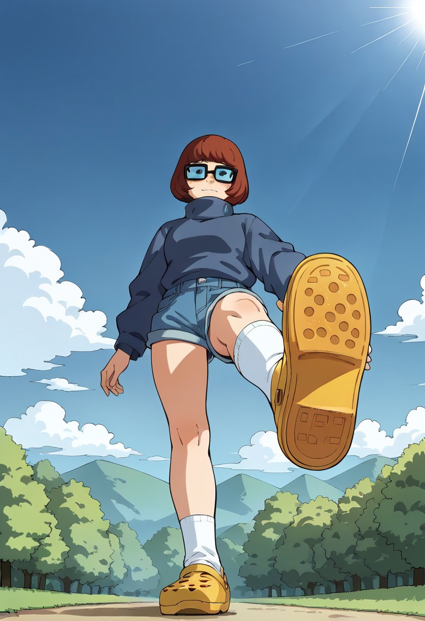 score_9, score_8_up, score_7_up, source_anime,
 BREAK 
1girl, velma, blue jacket, denim shorts, looking at viewer, from below, full body, standing, outdoors, perfect legs, perfect face, perfect eyes,
 BREAK 
yellow crocs, crocs, white socks, standing on one leg,
 BREAK 
hud_v4nspose, sky, foreshortening, perspective,