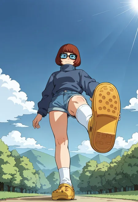 score_9, score_8_up, score_7_up, source_anime,
BREAK
1girl, velma, blue jacket, denim shorts, looking at viewer, from below, full body, standing, outdoors, perfect legs, perfect face, perfect eyes,
BREAK
yellow crocs, crocs, white socks, standing on one leg,
BREAK
hud_v4nspose, sky, foreshortening, perspective,