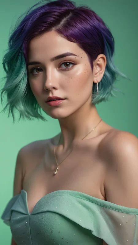 (masterpiece, best quality, ultra realistic, 32k, RAW photo, detail skin, 8k uhd, dslr, high quality, film grain:1.1), short hair, Electric blue hair:1.1, portrait, lady, brown eyes, deep purple Off-the-shoulder top/dress, freckles, (Mint green gradient background, led light, edge light, simple background)
