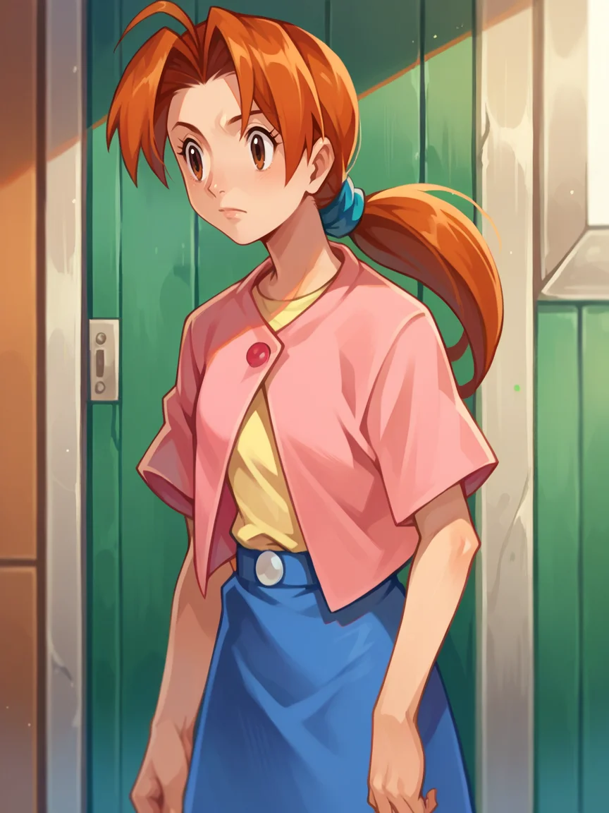 score_9, score_8_up, score_7_up, score_6_up, score_5_up, <lora:DeliaKetchumXLP:1> delia ketchum, 1girl, orange hair, brown eyes, solo, ponytail, skirt, shirt