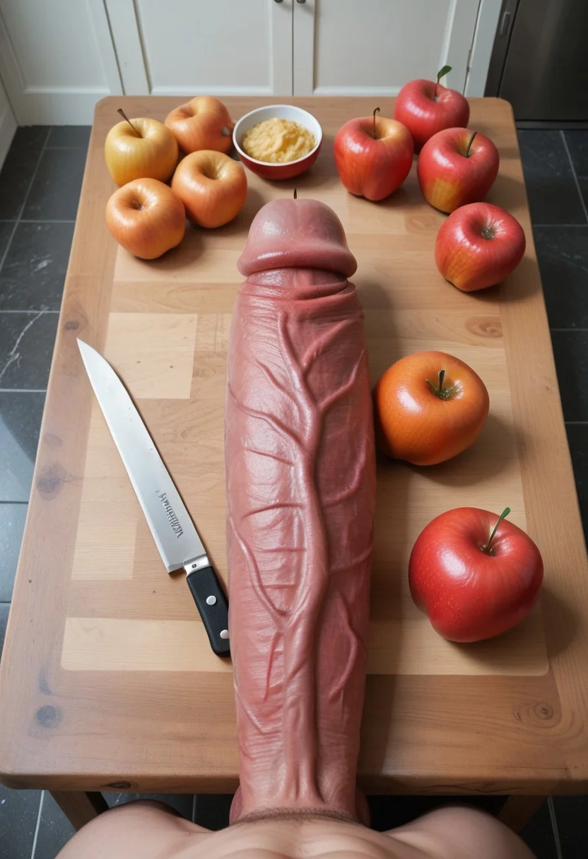 top down view, from above, POV of penis++ on table, cock on block+++, massive fat long veiny penis on cutting board, knife, huge long veiny erection, penis lying on cutting board , with huge knife in frame ,background, indoors ,cutting board ,knife, kitchen, apples, orange, peppers, meat balls, bathroom score_9 score_8_up score_7_up action scene movie stil , food cooking show, massive fat long veiny penis on cutting , many cock on board