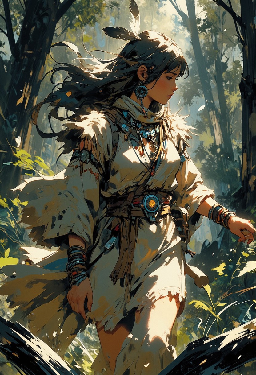 Mh1$AgThS2, intricate linework with expressive contrasts, soft lighting with dynamic highlights, a native american woman in a buckskin dress, a single feather hair ornament, walking through dense woodland, directional lighting, In the style of ff-td