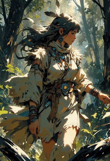 Mh1$AgThS2, intricate linework with expressive contrasts, soft lighting with dynamic highlights, a native american woman in a buckskin dress, a single feather hair ornament, walking through dense woodland, directional lighting, In the style of ff-td