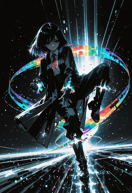 masterpiece, detailed_eyes, high_quality, best_quality, highres, absurdres, 8k, subject_focus, depth_of_field,
1girl, solo, close-up, long black hair with subtle cosmic shimmer, black eyes with deep void-like glow, red necktie, collared shirt, black long coat with slight cosmic patterns, gloves, black pants, black boots, neutral expression, bright ethereal background, soft ambient glow, fighting pose, high kick, ready to fight, dreamy light rays, cinematic lighting, high dynamic range, glowing highlights, surreal luminous aura, rich cinematic depth, soft volumetric light, subtle light particles floating, contrast between dark outfit and luminous surroundings.,dispersion_effect, HDR_effect, spectra_effect, rainbow_prism, colored_highlights, sketch, glitch, cinematic angle, low angle
<lora:748cmSDXL:0.5> <lora:ma1ma1helmes_b:0.5> <lora:re4lity:1> <lora:ponyv6_noobV1_2_adamW:0.9>