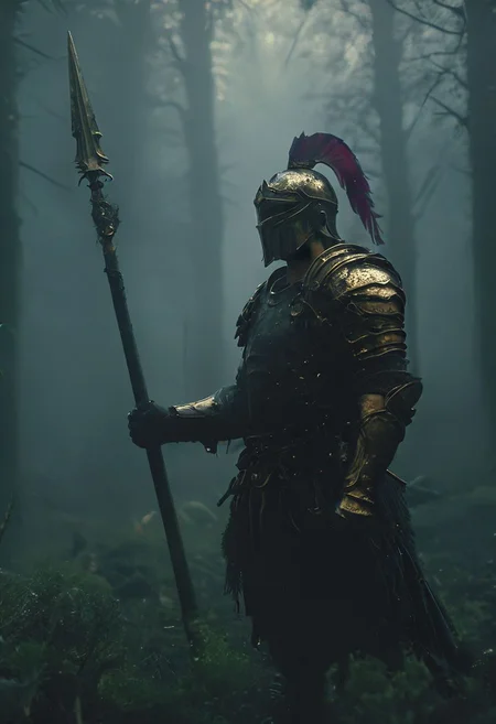 Side View of a Roman Warrior pierced By a spear, Overgrown, mystic, ethereal, darkness,
atmospheric haze, Film grain, cinematic film still, shallow depth of field, highly detailed, high budget, cinemascope, moody, epic, OverallDetail, 2000s vintage RAW photo, photorealistic, candid camera, color graded cinematic, eye catchlights, atmospheric lighting, imperfections, natural, shallow dof