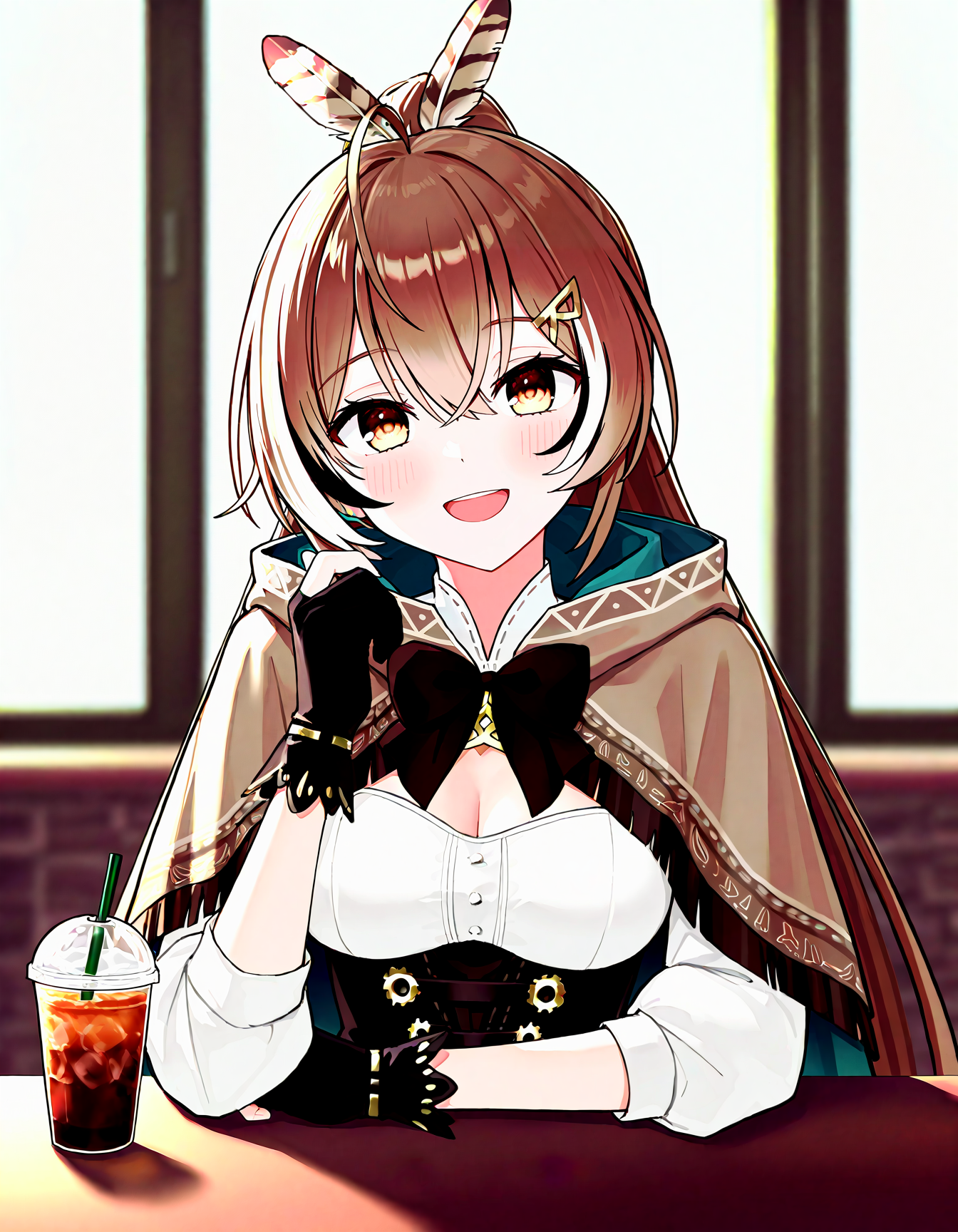 (masterpiece,best quality,newest,very aesthetic,highres,absurdres:1.2), BREAK
1girl, solo, nanashi mumei \(1st costume\), hololive, brown eyes, brown hair, streaked hair, very long hair, feather hair ornament, ahoge, ponytail, crossed bangs, hairclip, medium breasts, cleavage cutout, brown cloak, brown capelet, white shirt, partially fingerless gloves,
smile, :d, blush, head tilt, holding, looking at viewer, smile, solo , cup, disposable cup, drinking straw, food, indoors, table, upper body, BREAK
<lora:noobai_vpred_1_masterpieces_v23:0.85>, <lora:sample:0.6>