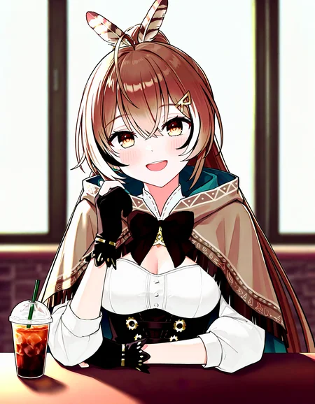 (masterpiece,best quality,newest,very aesthetic,highres,absurdres:1.2), BREAK
1girl, solo, nanashi mumei \(1st costume\), hololive, brown eyes, brown hair, streaked hair, very long hair, feather hair ornament, ahoge, ponytail, crossed bangs, hairclip, medium breasts, cleavage cutout, brown cloak, brown capelet, white shirt, partially fingerless gloves,
smile, :d, blush, head tilt, holding, looking at viewer, smile, solo , cup, disposable cup, drinking straw, food, indoors, table, upper body, BREAK
<lora:noobai_vpred_1_masterpieces_v23:0.85>, <lora:sample:0.6>