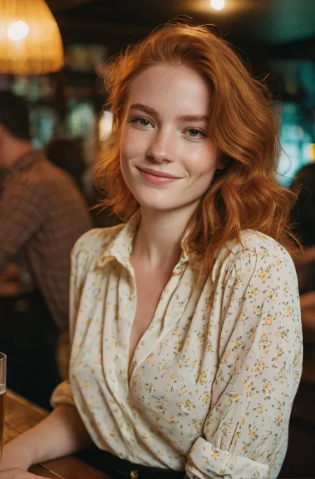 a close up photo of a 20 year old french woman in a blouse at a bar, seductive smile, ginger hair, cinematic light, film still,