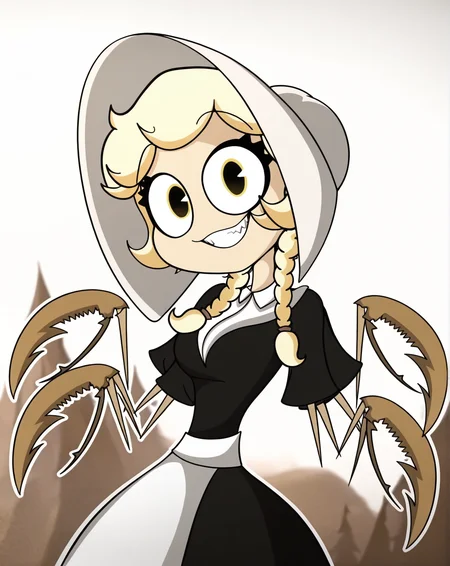 Cordie_Spidergirl, 1girl, solo, spider-girl, arthropod girl, yellow eyes, fair skin, spiky teeth, long hair, blonde hair, twin braids, pigtails, 4 arms, pale orange claws, extra arms, white coif, white-collared, black dress, white apron, pov, from below (smile, dutch angle, naughty pose, looking at viewer, outside, western background, cowboy, solo, dynamic pose, full_body, head tilt,),((white background, White frame, white outline))