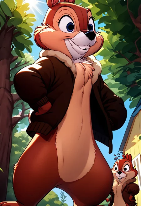 score_9, score_8_up, score_7_up, (best quality:1.1), ultra-detailed, great quality, anthro, high resolution, (((8k))), 1boy, chipmunk, chipmunk boy, day time, chipmunk ears, smile, turned to viewer, front view, low angle view, sharp detailed squirrel hands, Chip, natural light, detailed sun rays, summer, daytime, BREAK., highly detailed background, (tree house bedroom:1,4), showing musculled bicepse, detailed chipmunk legs, detailed barefoot, brown jacket, highly detailed face, (very detailed face:1.4), fluffy fur, (sharp detailed:1,4) no smooth detailes