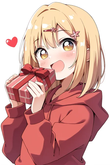 masterpiece, best quality, amazing quality,
 <lora:Haru_IL:1> haru, 1girl, blonde hair, solo, hair ornament, hood, heart, smile, hairclip, gift, holding, white background, holding gift, simple background, hoodie, box, upper body, open mouth, red hoodie, bangs, hood down, long sleeves, :d, blush, look at viewer