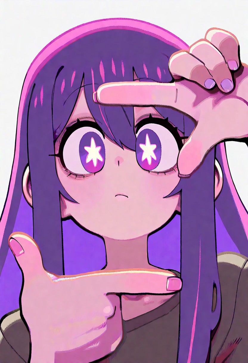 masterpiece, best quality, very aesthetic, high resolution, ultra-detailed, absurdres, newest, extremely detailed eyes, beautiful, perfect lighting, hi res, amazing quality, very awa, Brightly Lit, Highly Visible, 8k, sharp focus, beautiful, perfect lighting, volumetric lighting, scenery, painting_(artwork), CuteLag_ST, TOONCITY_ST,  INKTA_ST, hoshino ai, 1girl, closed mouth, collarbone, finger frame, looking at viewer, multicolored hair, purple eyes, purple hair, sidelocks, solo, star-shaped pupils, star \(symbol\), streaked hair, symbol-shaped pupils, upper body