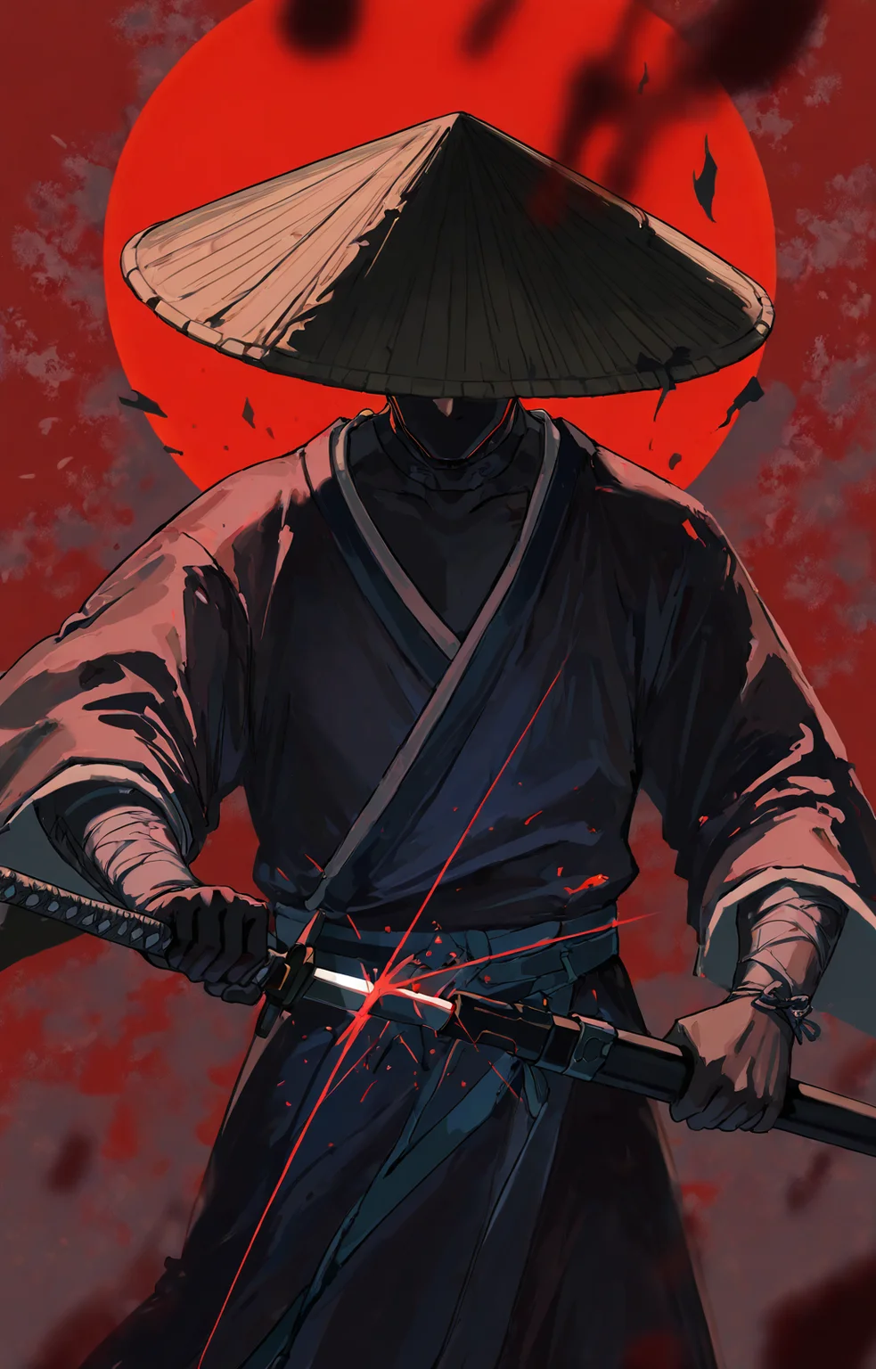 1boy,solo,ronin,weather-beaten,japanese_clothes,(Broken_clothes:1.3),(dilapidated_clothes:1.1),rice_hat,(rice_hat covers the upper part of the face:1.1),(hat over eyes:1.1),robe,katana,(darkred blade katana:1.3),Cinematic Lighting,depth of field,portrait,unsheathing_2_final:1,(dramatic unsheathing focus:1.5),close-up,unsheathing,red,darkred,hyperdetailed,best quality,masterpiece,absurdres,wallpaper,<lora:rafaelaaa:0.9>,