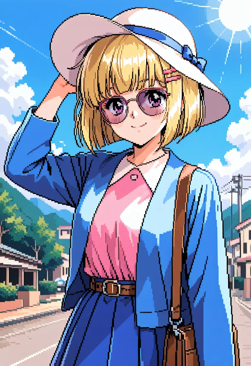 <lora:tomoyo3:0.8>1girl,t0m0y0,short hair,blunt bangs,blonde hair,pink shirt,collared shirt,hairclip,belt,blue skirt,blue jacket,shoulder bag,solo,white sun hat,sunglasses,pose,smile,sun,day,retro artstyle,pixel art, very awa, masterpiece, best quality, amazing quality, very aesthetic, absurdres, sensitive, newest <lora:spo_sdxl_10ep_4k-data_lora_webui:0.7>,