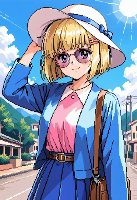 <lora:tomoyo3:0.8>1girl,t0m0y0,short hair,blunt bangs,blonde hair,pink shirt,collared shirt,hairclip,belt,blue skirt,blue jacket,shoulder bag,solo,white sun hat,sunglasses,pose,smile,sun,day,retro artstyle,pixel art, very awa, masterpiece, best quality, amazing quality, very aesthetic, absurdres, sensitive, newest <lora:spo_sdxl_10ep_4k-data_lora_webui:0.7>,