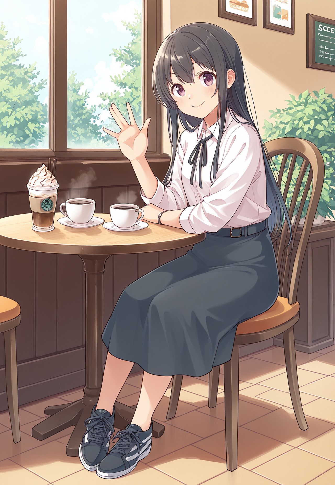safe_pos, score_9, score_8_up, score_7_up, score_6_up, score_5_up, score_4_up, high quality, high detail, best quality, BomBom, 1girl, shirt, skirt, smile, long hair, smile, looking at viewer, shoes, black hair, <3, waving, cafe, coffee, table, sitting, chair