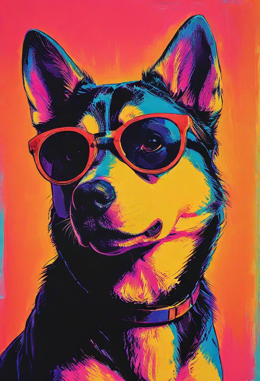 impactful color paint of, a husky puppy wearing dark sunglasses, highly detailed, vibrant colors , 8k, sharp, professional, clear, high contrast, high saturated, , vivid deep blacks, crystal clear