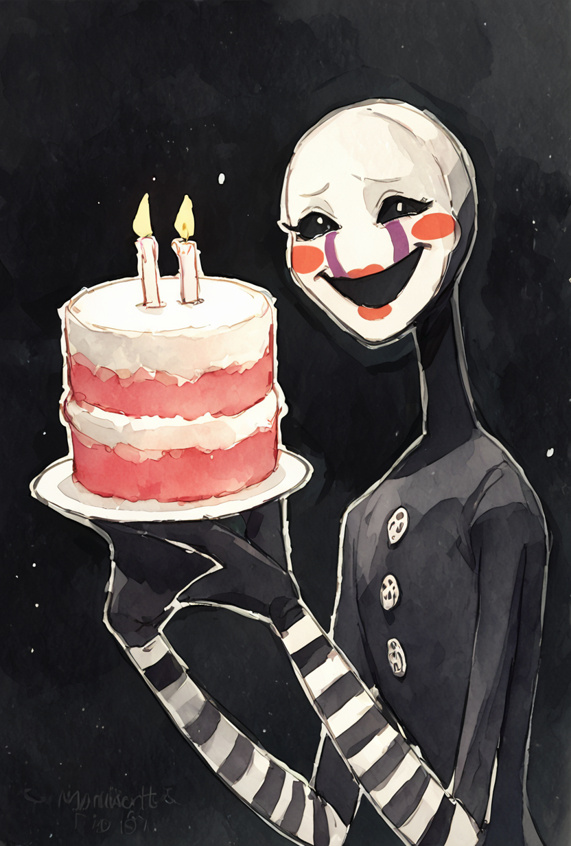 score_9, score_8_up, score_7_up,  looking at viewer, smiling,  <lora:puppet-10:1> puppet, solo, 1girl, white mask, black bodysuit, smile, open mouth, blush stickers, striped, purple tears,  <lora:Organic_Sauce:1> ((watercolor)), solo ,  black sclera, eye sockets, empty black eyes, no pupils, white head, long limbs,  black background, holding cake, candles, sad scene,