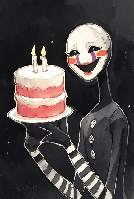 score_9, score_8_up, score_7_up,  looking at viewer, smiling,  <lora:puppet-10:1> puppet, solo, 1girl, white mask, black bodysuit, smile, open mouth, blush stickers, striped, purple tears,  <lora:Organic_Sauce:1> ((watercolor)), solo ,  black sclera, eye sockets, empty black eyes, no pupils, white head, long limbs,  black background, holding cake, candles, sad scene,