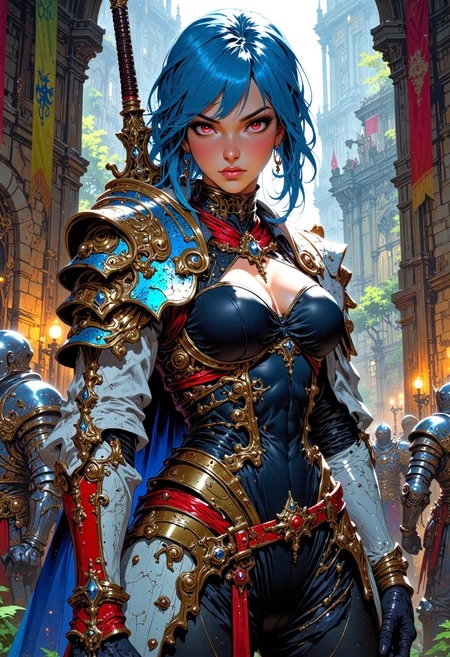Image is a close up digital fantasy artwork featuring a female knight character practicing with her sword. She has pale skin with bright blue hair with light highlights. Her red eyes and a flaming aura in them. She's wearing an intricately designed fantasy corset armor with matching gloves and thigh high boots. Her hands is a large greatsword. The background is of a stone barracks, fantasy castle, armored knights, colorful flags, colorful trees.