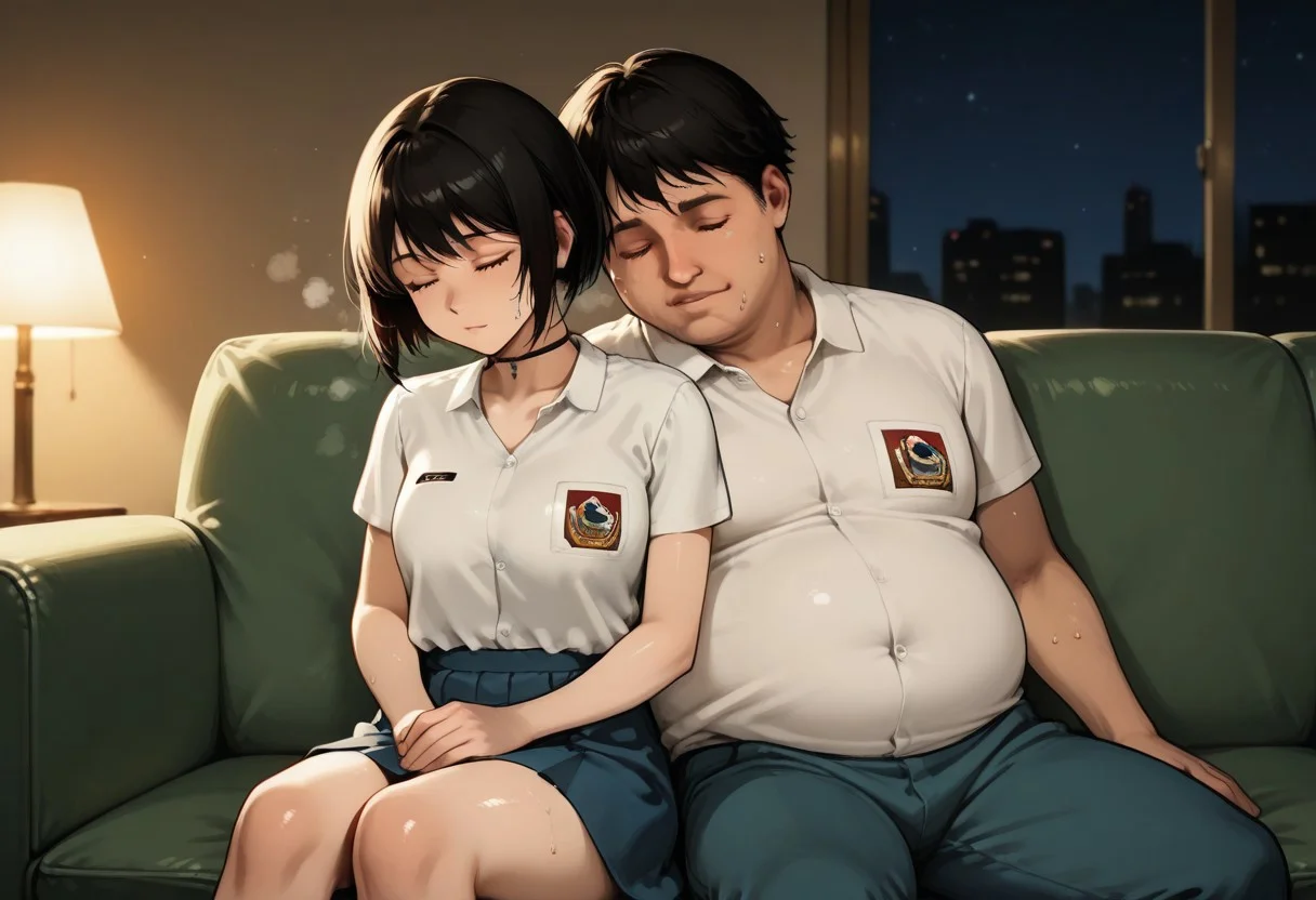 score_9, score_8_up, score_7_up, source_anime, masterpiece, high quality, best quality, highly detailed, insanely detailed, very aesthetic, absurdres, 1girl, 1guy, hetero, indoors, living room, sofa, at night, hot temperature, sultry room, depth of field, fallen asleep, wholesome,
BREAK, 
 1GIRL, LindawaifuIL, black hair, short hair, bob cut, brown eyes, choker, white shirt, collared shirt, emblem, short sleeves, blue skirt, (shiny skin, sweat), five fingers, sleeping, light smile, exhausted, tired, swelter, feeling hot, very sweaty skin, dripping sweat, sweating, steaming body, hugging, sitting on sofa,
BREAK, 
 1GUY, random guy, fat man, ugly man, white shirt, collared shirt, emblem, short sleeves, blue pants, sleeping, arm around another, sitting beside girl,