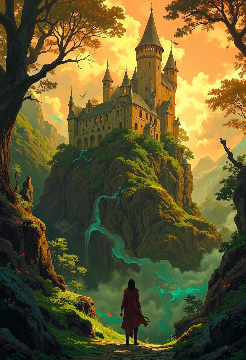 A stunning, vibrant cinematic photograph of a mysterious old castle in the mist-shrouded foothills of a mystical forest, fantasy art that evokes a sense of high-stakes drama in the style of Image's comic book photography, photo-realistic textures and film grains immerse the viewer in the scene, bathed in warm, golden light dotted with emerald greens and crimson reds, as if the forest itself were ablaze, the Ethereal clouds surround the forest, capturing the intensity of the fight for survival.