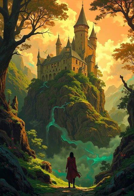 A stunning, vibrant cinematic photograph of a mysterious old castle in the mist-shrouded foothills of a mystical forest, fantasy art that evokes a sense of high-stakes drama in the style of Image's comic book photography, photo-realistic textures and film grains immerse the viewer in the scene, bathed in warm, golden light dotted with emerald greens and crimson reds, as if the forest itself were ablaze, the Ethereal clouds surround the forest, capturing the intensity of the fight for survival.