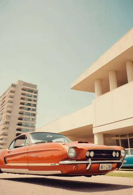 (low angle shot:1.4), an editorial photo of a 1960s (Mustang:0.6) and (Porsche:0.8) style Hovering_Car parked in front of a Bauhaus style building, highly detailed, retro futurism, clean lines, fine art photography, award winning photography, film grain,