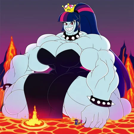 Twilight Sparkle, Equestria Girls, Red Eyes, poseMega, 1girl, breasts, super crown, collar, large breasts, bracelet, crown, ponytail, long hair, smile, jewelry, teeth, nail polish, grin, black_dress, leaning_forward, shirtMega, poseMega, big muscle,large muscle,hyper muscle,huge muscle,thick limbs,thick thighs,thick arms, full body, monster muscles, giantess, sitting, throne, FIRE, CITY, CREEPY, LAVA, VOLCANO, CASTLE