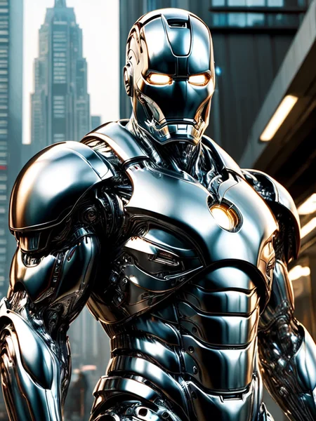 ral-chrome, marvel iron man, heavy armor suit, looking at viewer, in front of huge cyberpunk building <lora:ral-chrome-sdxl:1>