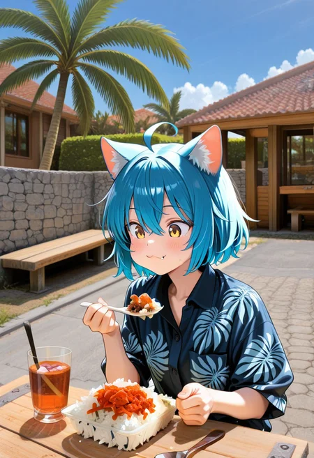 masterpiece, general, best quality, amazing quality, very aesthetic, ultra-detailed, absurdres, highres, 1girl, solo, short hair, royalblue hair, cat ears, ahoge, hair between eyes, yellow eyes, :3, fang, palm tree print aloha shirt, uchinaa_meshi, food, taco rice, (plastic containaer), eating, spoon, outdoors, day, table, Okiwajaa, concrete pier, retaining wall, stone wall, house, palm tree, sanpincha, glass, bench,