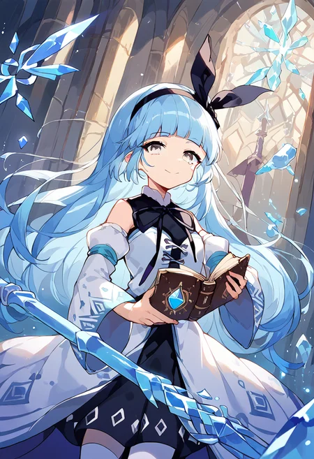score_9,score_8_up,score_7_up,source_anime,zPDXL3,fantasy,castle,architecture,upper body, 
*//*,<lora:ArchMageIL_Pony:1>,archmage_il,1girl,solo,blue hair,long hair,blunt bangs,grey eyes,detached sleeves,white sleeves,white thighhighs,white dress,long sleeves,wide sleeves,bare shoulders,black ribbon,black hairband,black bow,magic,open book,staff,holding staff,crystal,floating object,light smile,
*//*,looking at viewer,cowboy shot,dutch angle,