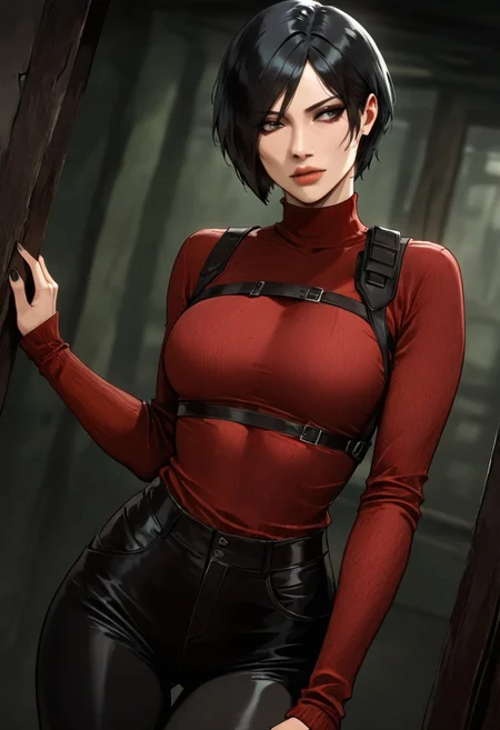 masterpiece, best quality, newest, absurdres, highres, DMIXV1.0, 1girl, Ada_wong, \(resident evil\), asian, asian female, short hair, black hair, sweater, red sweater,
