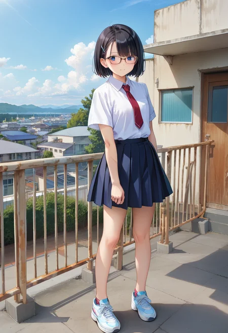 score_9, score_8_up, score_7_up, rating_safe, masterpiece, best quality, absurdres, unity 8k wallpaper, official art, official style, source_anime, uncensored, game cg, megami magazine,
1girl, glasses, collared shirt, red necktie, pleated skirt, blue skirt, blush,short sleeves, sneakers, standing
okujyou, outdoors, sky, short hair, black hair, blue sky, day, scenery, railing, fence, power lines, photo background
<lora:gakkou_okujyo_PONY_V1:1>