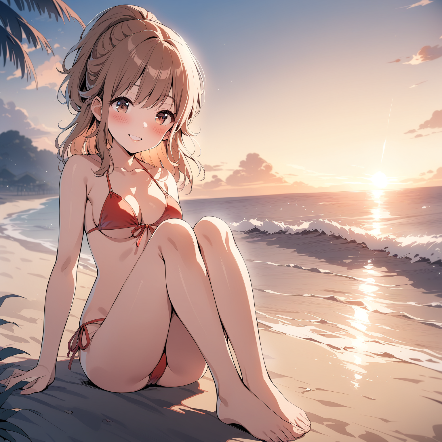 [high quality, best quality], [cinematic], 1girl, solo, hayasaka mei, red string bikini, sitting, knees up, barefoot, smile, blush, beach, sunset, [bloom, hdr], <lora:mei:0.72>