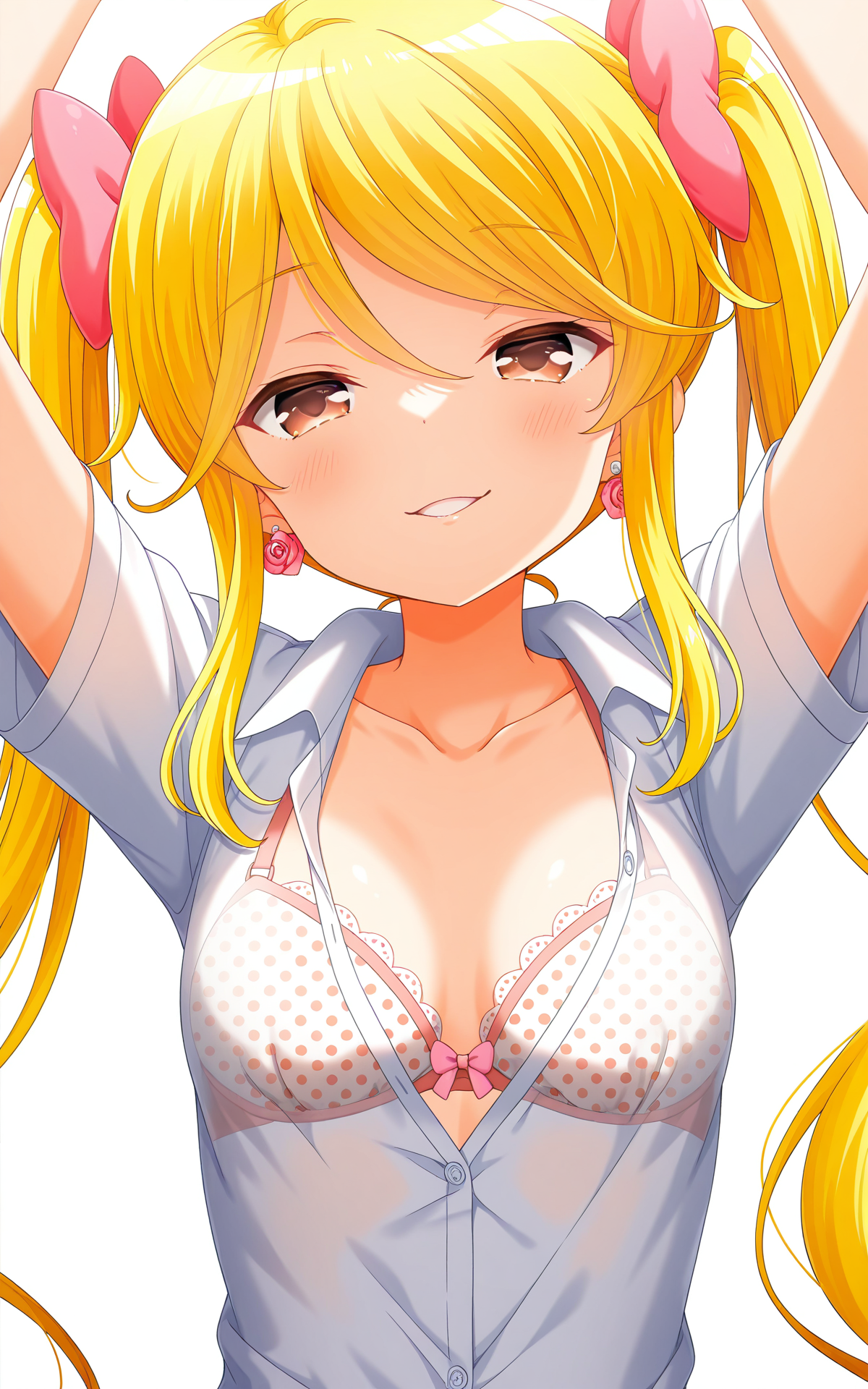 masterpiece,best quality,good quality,newest,4k,perfect lighting,cinematic,very aesthetic,official art,anime screencap,anime coloring,(((white background,simple background))),
1girl,solo,tokitani koruri,blonde hair, twintails,long hair,pink hair bow, brown eyes,rose earrings,small breasts,
seio school uniform,white shirt,collared shirt,collarbone,short sleeves,polka dot bra visible through clothes,upper body,breasts focus,
looking at viewer,naughty face,half-closed eyes,parted lips,head_tilt,leaning back,arms up,lying,on back,from above,BREAK
<lora:ILkoruri:0.9>