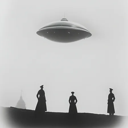 ArsMovieStill, movie still from a 1910s retro future movie, The image shows three men standing on top of a hill looking up at a UFO in the sky. The men are wearing caps and the image is in black and white., monochrome, greyscale, watercraft, multiple boys, military, ship, warship, peaked cap, hat, battleship
