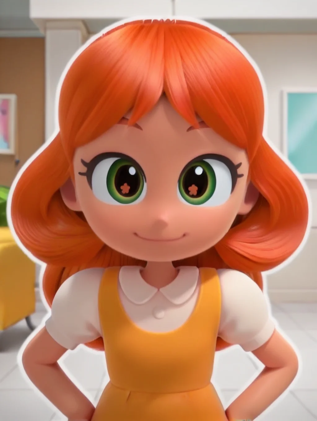 Orange_Amber, 1girl, solo, tan skin, yellowish-green eyes, bouncy hair, orange hair, white blouse, yellowish orange dress, orange leggings, light smile, Hands on hips, looking at viewer, indoors, elegant room,((white background, White frame, white outline))