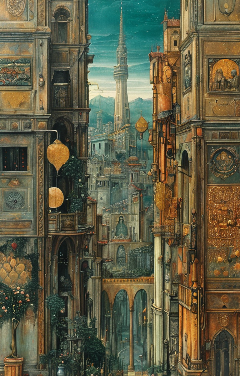 masterpiece,best quality,<lora:tbh167-sdxl:1>,illustration,style of Carlo Crivelli, cyberpunk city