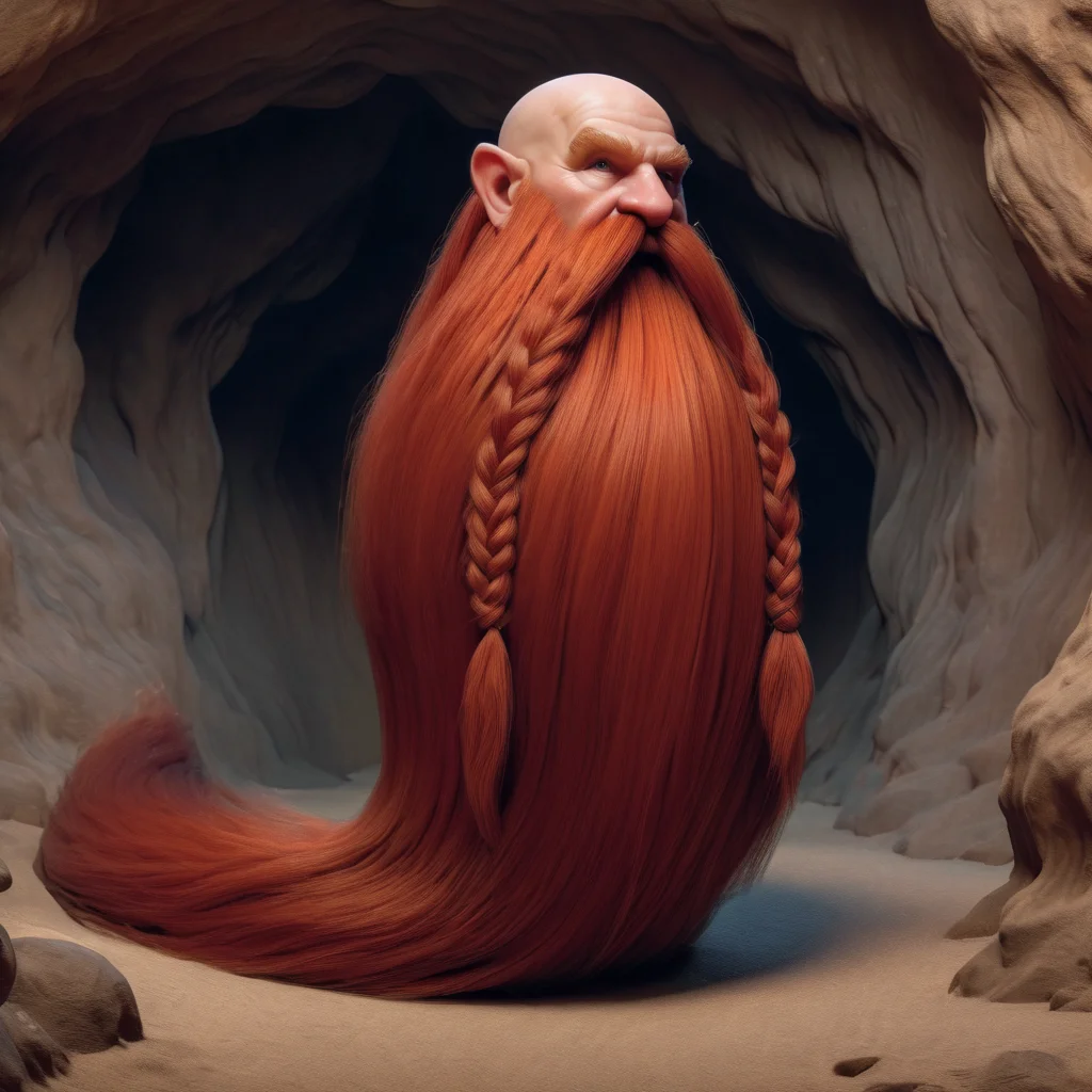 Harry_Dwarf, masterpiece, hyper realistic, 4k, UHD,photorealistic, dwarf-like character, flowing long red beard, braided moustache,bald , <lora:Harry_Dwarf:1>, in a cave, <lora:add-detail-xl:1>
