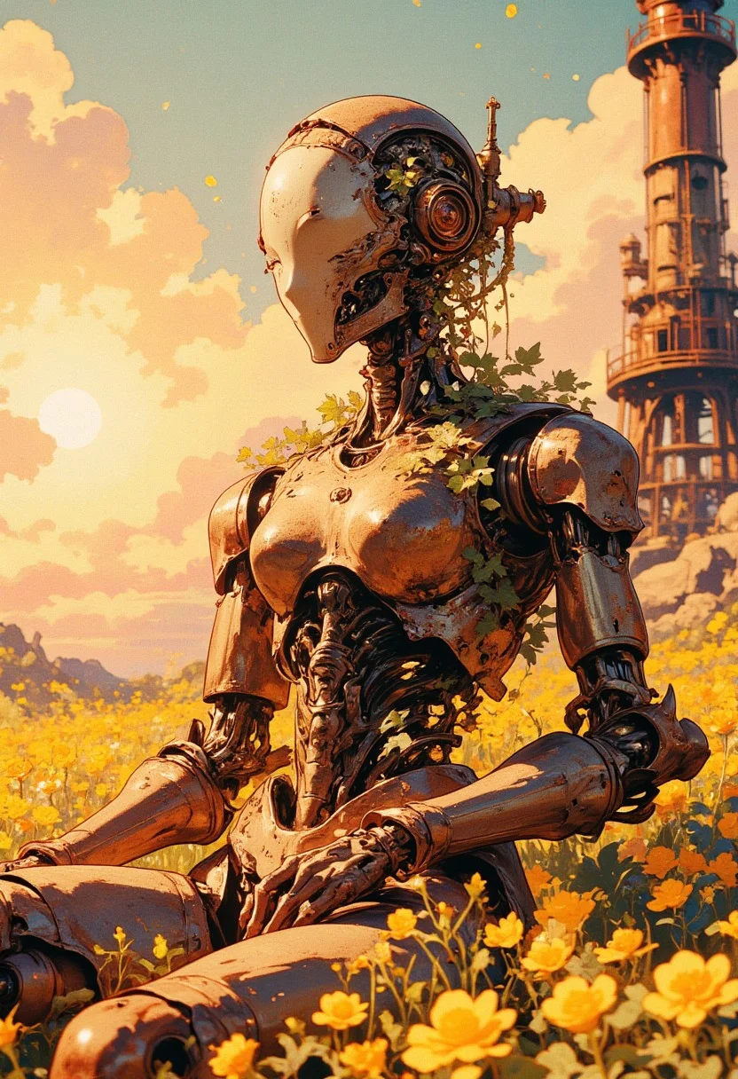 A post-apocalyptic scene featuring a rusty robot sitting peacefully in a field of vibrant yellow flowers under a warm sunset. The robot's design reflects retrofuturism with visible mechanical details, weathered textures, and vines growing through its structure. The glowing sunlight highlights the delicate balance of nature reclaiming its place, with a soft, dreamy atmosphere in the background of a ruined industrial landscape