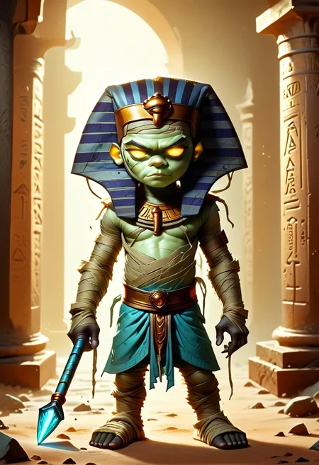 1boy, solo focus, Green Skin, Yellow Eyes, Egyptian Headdress, Mummy, Bandages, Loincloth, holding a staff, egyptianworld, dark aura, dark tomb, ancient Egyptian hieroglyphics, Glowing Runes, dr4maticessence, dramaticessence,