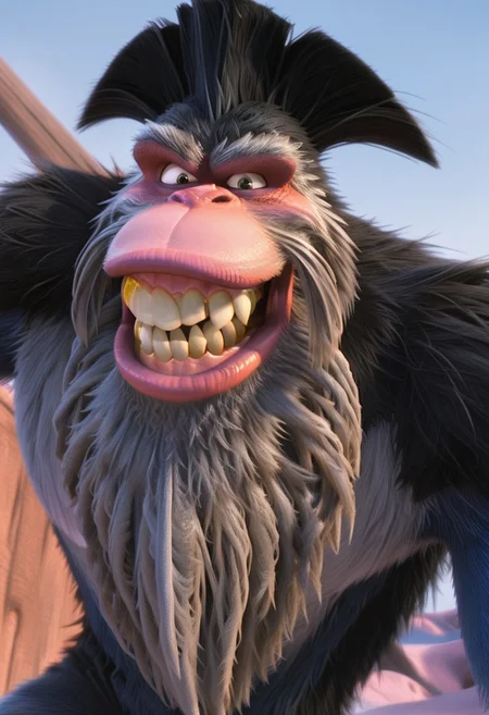 core_9, score_8_up, score_7_up, score_6_up, score_5_up, score_4_up, detailed background, detailed face, 1boy, solo, male, short legs, several gold crowns in the mouth, Captain Gutt. Gigantopithecus, thick fur, crooked teeth, cartoon, long arms, hairstyle, Ice Age Style, 3d, monkey face