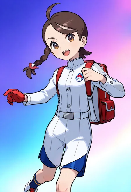 (hinosaki, s_zenith_lee:0.8), 2d, masterpiece, best quality, amazing quality, highres, absurdres, newest, 1girl, solo, smile, open mouth, looking at viewer, colorful background, gradient background, blue background, purple background, bbjuliana, juliana \(pokemon\), brown eyes, brown hair, braid, ahoge, white jacket, long sleeves, single glove, red gloves, white shorts, backpack, dark blue socks, ankle socks, shoes, white footwear