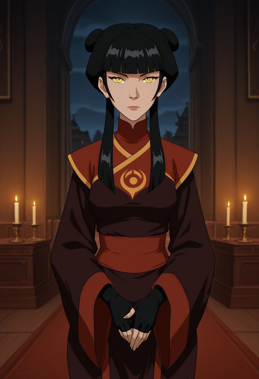 Mai_Avatar, black hair, long hair, blunt bangs, double hair bun, twintails, sidelocks, yellow eyes, detailed eyes, eye detail, detailed background
cowboy shot, 1girl, solo
Screen_capture, Source_cartoon
In the Avatar Animation style, character focus, (candlelight), candle, night, Fire Nation, Palace, bedroom, standing, chinese clothes, black gloves, fingerless gloves, turtleneck, wide sleeves, black dress with red details , Regal pose, medium breasts, wide hips, hands together, looking at viewer,