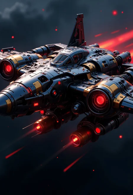 Inkpunk Anime, silhouette art, chiascuro, a_skynet_cyberdyne_systems_craft, the image is featuring an armored futuristic fighter plane, adorned with intricate, metallic details, including bolts, wires, and mechanical components, giving it a highly advanced, industrial look, with glowing red diodes and LEDs, travelling at speed against an abstract dark background, viewed diagonally from the front, motion blur, in darkness