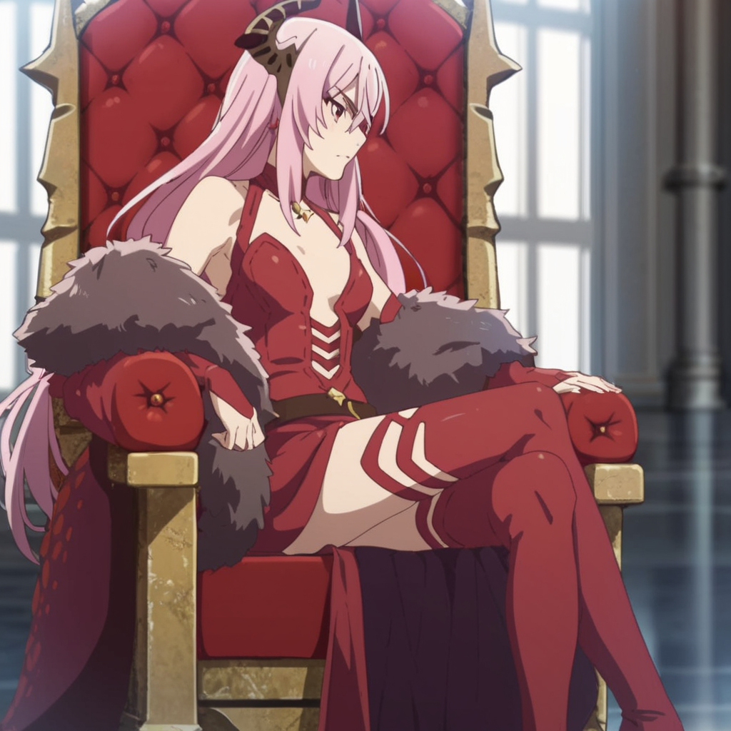score_9, score_8_up, score_7_up, score_6_up, score_5_up, score_4_up, source_anime, , Echidna, dragon girl, red thighhighs, sitting, throne, serious gaze, profile