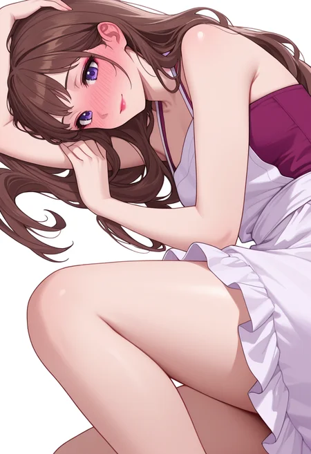 Smooth Quality,masterpiece,very intricate, high quality details, ultra realistic, high detailed skin,detailed enviorement,absurdres,
partially undressed,
<lora:Lishu_CNR:0.8> lishu_cnr,brown hair, long hair, purple eyes, makeup, lipstick,, simple background, white background, sideways,
lying on side, one arm supporting head, relaxed legs, soft smile, casual vibe, ,full-face blush,, halter top, ,poncho, ,apron skirt, ,